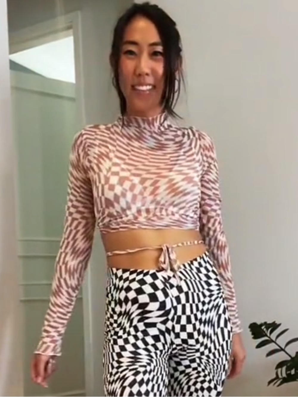 Le Lis Pink & White Optical Checkered Mesh Crop Top